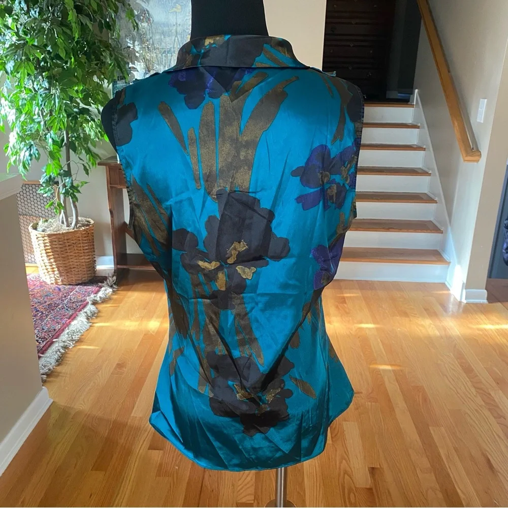 T Tahari Teal/Brown Floral Satin-y Sleeveless Blouse - Picture 3 of 7
